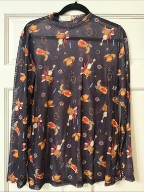 Avery Black Western Print Sheer Top with Yellow and Red Accents